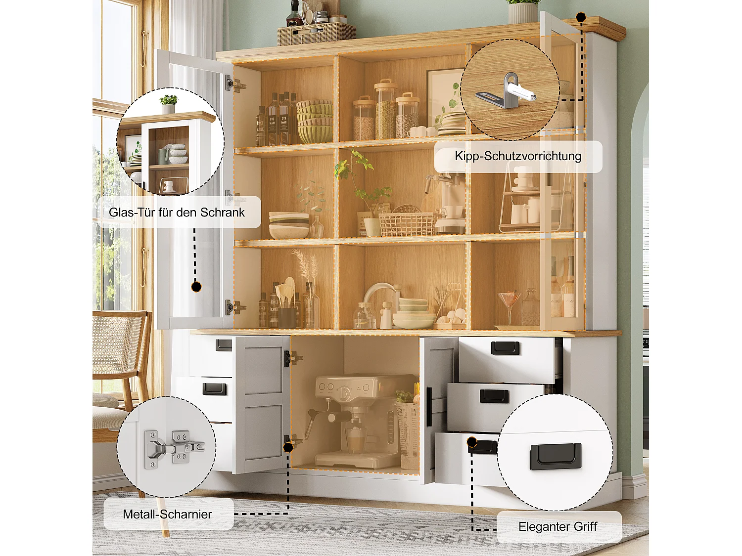 Meuble de cuisine haut LED 130x45x180 cm, buffet armoire avec portes vitrées, rangement, MDF, noir