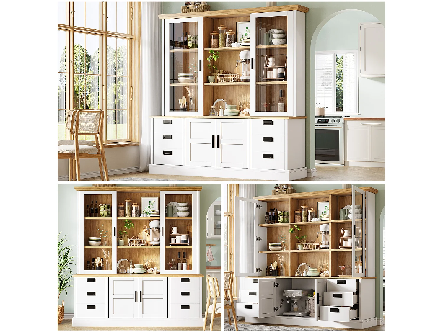 Meuble de cuisine haut LED 130x45x180 cm, buffet armoire avec portes vitrées, rangement, MDF, noir
