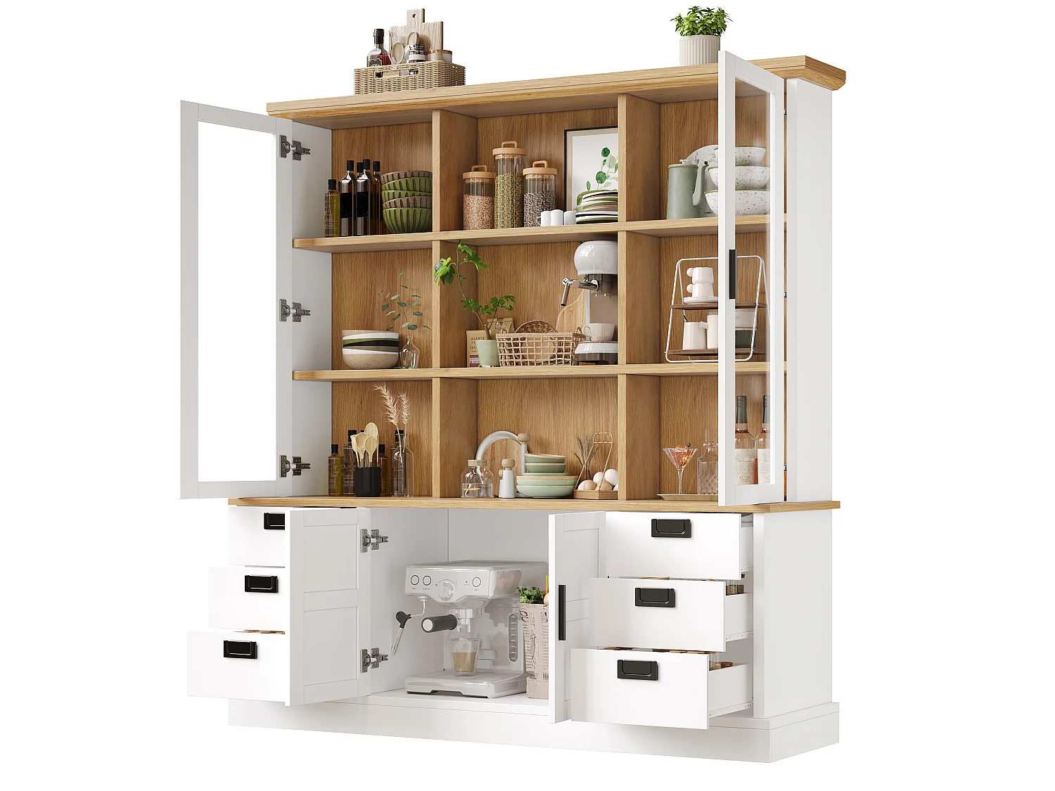 Meuble de cuisine haut LED 130x45x180 cm, buffet armoire avec portes vitrées, rangement, MDF, noir