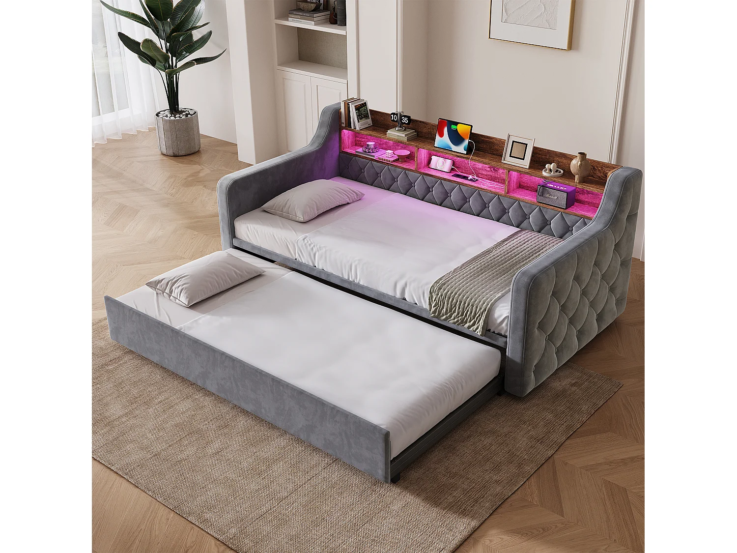 Lit banquette 90x190 cm, LED, USB-C, canapé-lit avec lit gigogne, accoudoirs, tête de lit rangement, sommier, velours, gris foncé