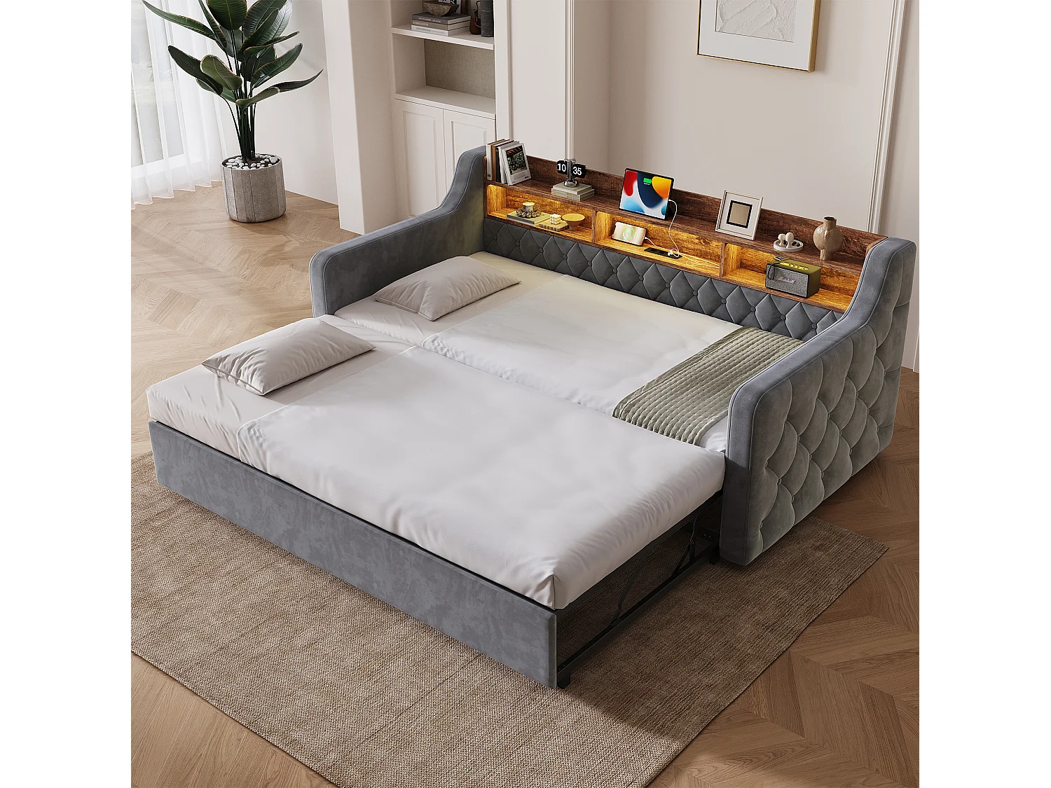 Lit banquette 90x190 cm, LED, USB-C, canapé-lit avec lit gigogne, accoudoirs, tête de lit rangement, sommier, velours, gris foncé