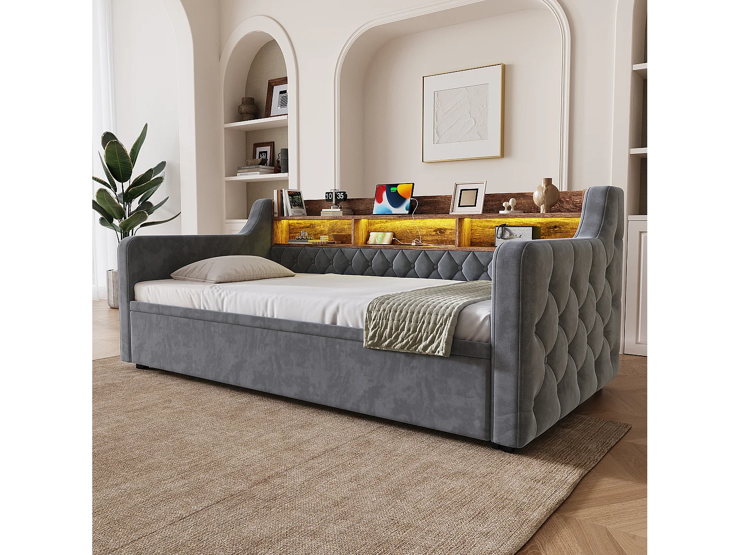 Lit banquette 90x190 cm, LED, USB-C, canapé-lit avec lit gigogne, accoudoirs, tête de lit rangement, sommier, velours, gris foncé