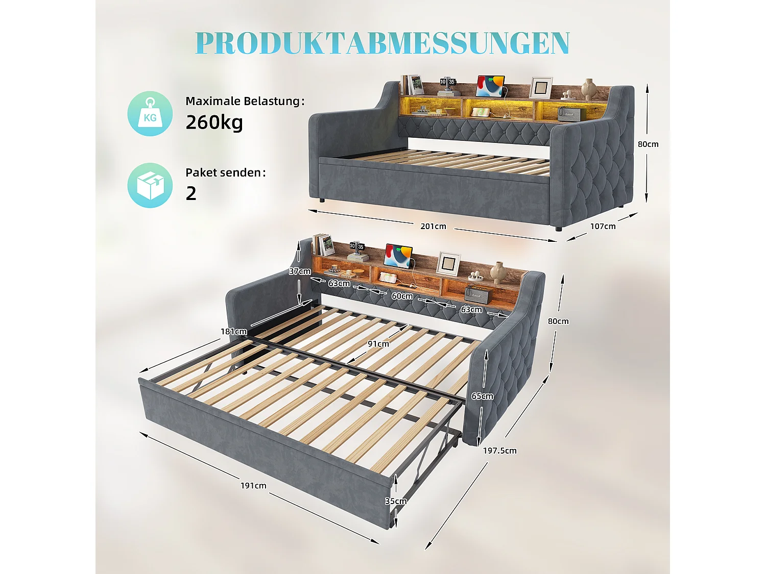 Lit banquette 90x190 cm, LED, USB-C, canapé-lit avec lit gigogne, accoudoirs, tête de lit rangement, sommier, velours, gris foncé