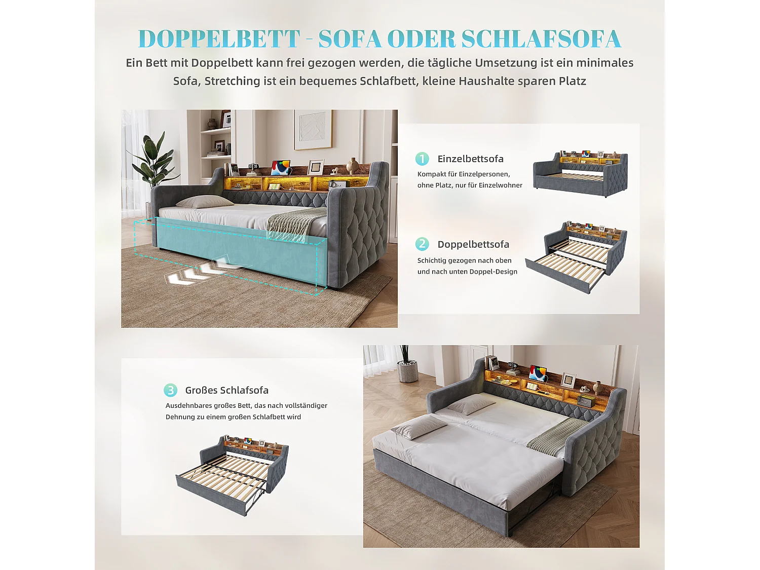 Lit banquette 90x190 cm, LED, USB-C, canapé-lit avec lit gigogne, accoudoirs, tête de lit rangement, sommier, velours, gris foncé