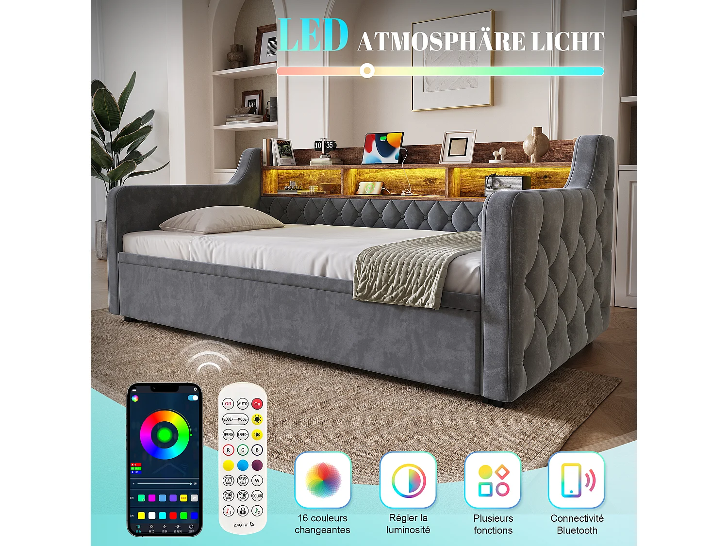 Lit banquette 90x190 cm, LED, USB-C, canapé-lit avec lit gigogne, accoudoirs, tête de lit rangement, sommier, velours, gris foncé