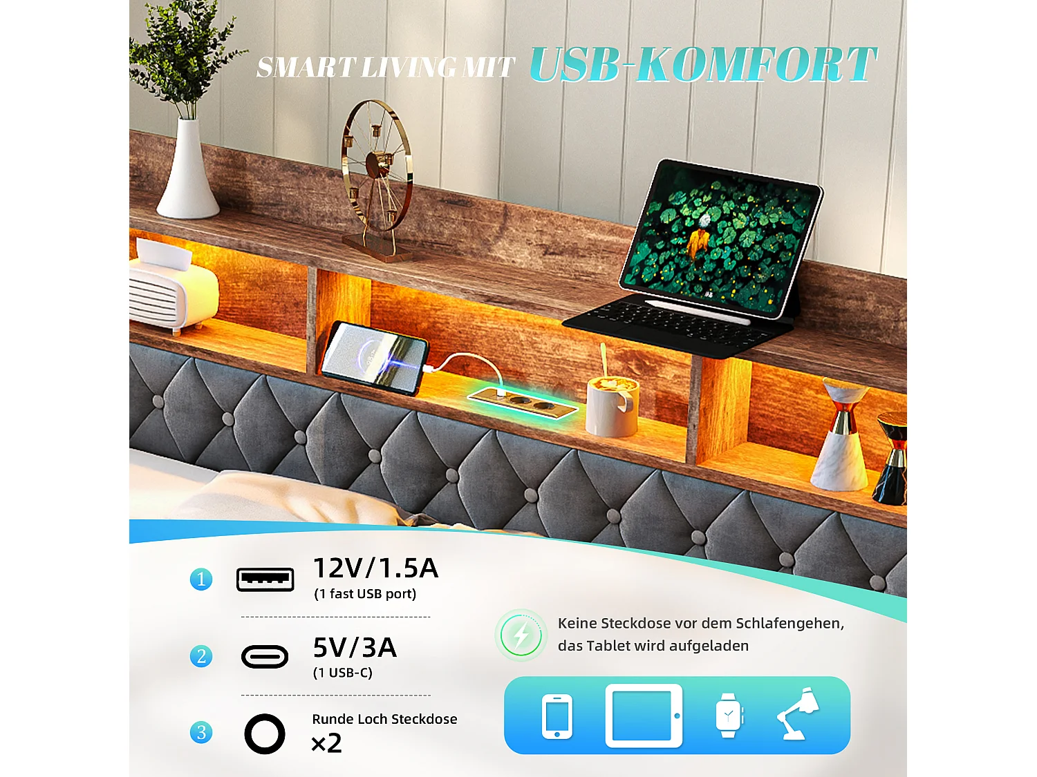 Lit banquette 90x190 cm, LED, USB-C, canapé-lit avec lit gigogne, accoudoirs, tête de lit rangement, sommier, velours, gris foncé