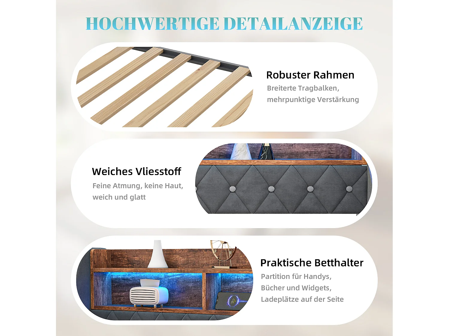 Lit banquette 90x190 cm, LED, USB-C, canapé-lit avec lit gigogne, accoudoirs, tête de lit rangement, sommier, velours, gris foncé