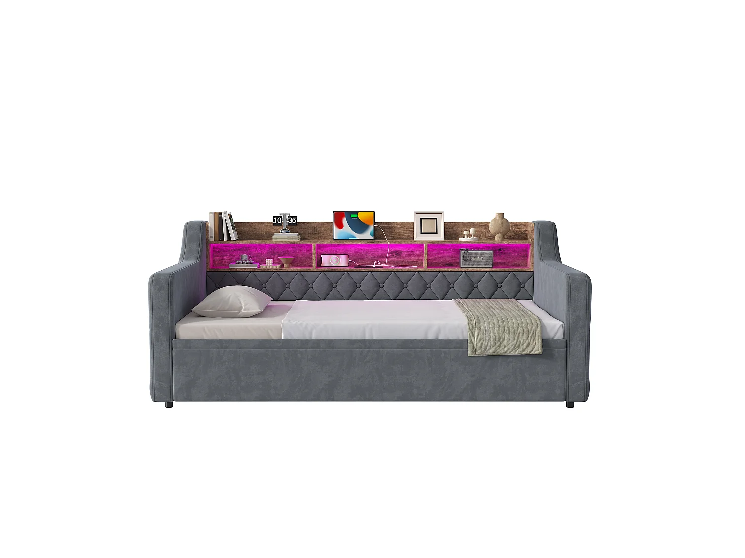 Lit banquette 90x190 cm, LED, USB-C, canapé-lit avec lit gigogne, accoudoirs, tête de lit rangement, sommier, velours, gris foncé