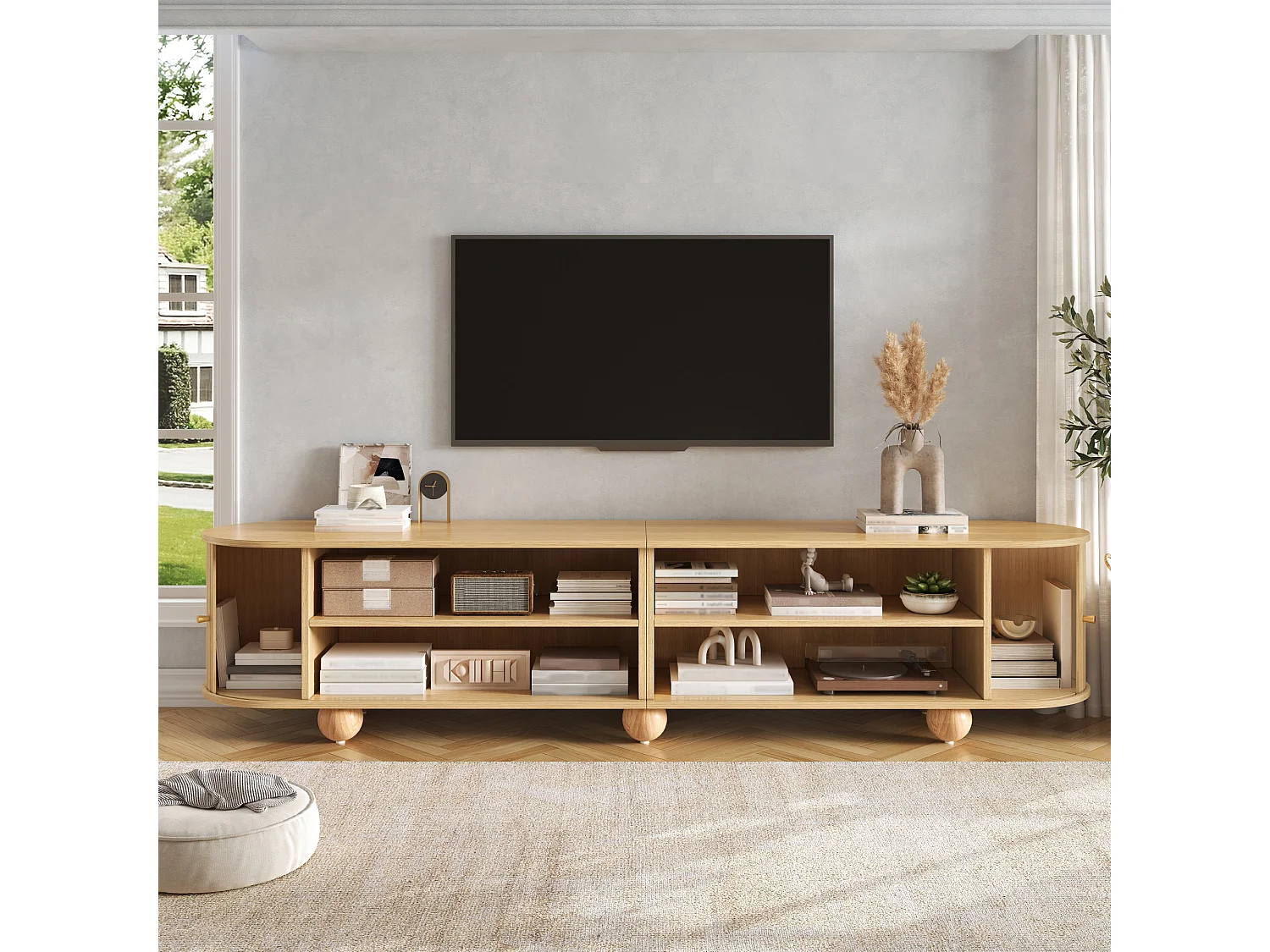 Meuble TV 180x35x45cm, 2 portes coulissantes à lattes verticales, pieds boules, style rétro, grand rangment, effet noyer, MDF