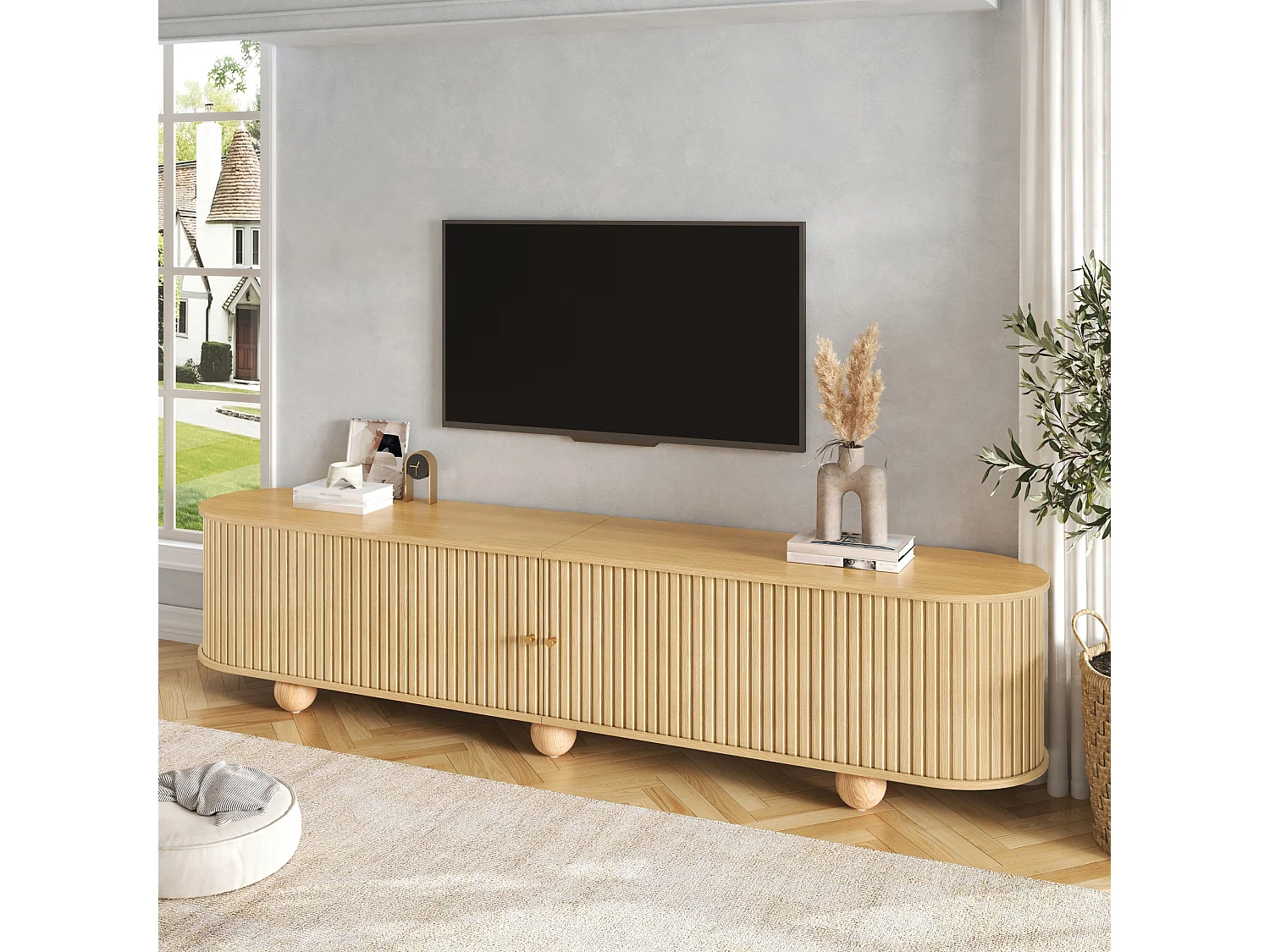Meuble TV 180x35x45cm, 2 portes coulissantes à lattes verticales, pieds boules, style rétro, grand rangment, effet noyer, MDF