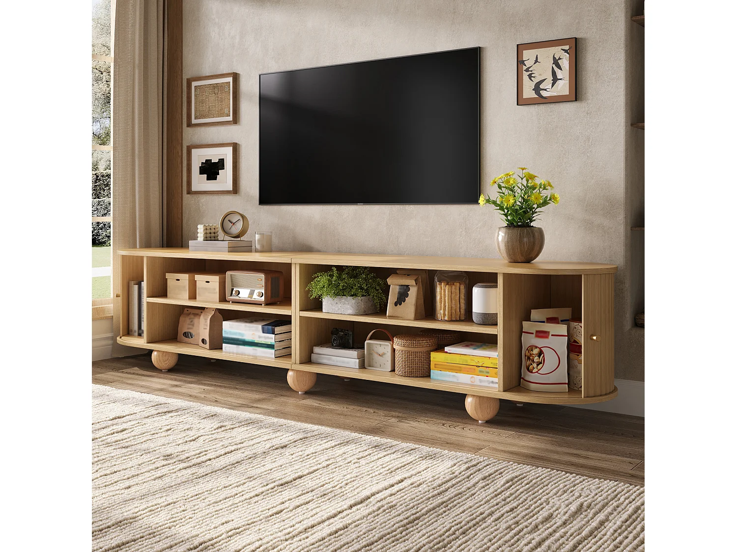 Meuble TV 180x35x45cm, 2 portes coulissantes à lattes verticales, pieds boules, style rétro, grand rangment, effet noyer, MDF