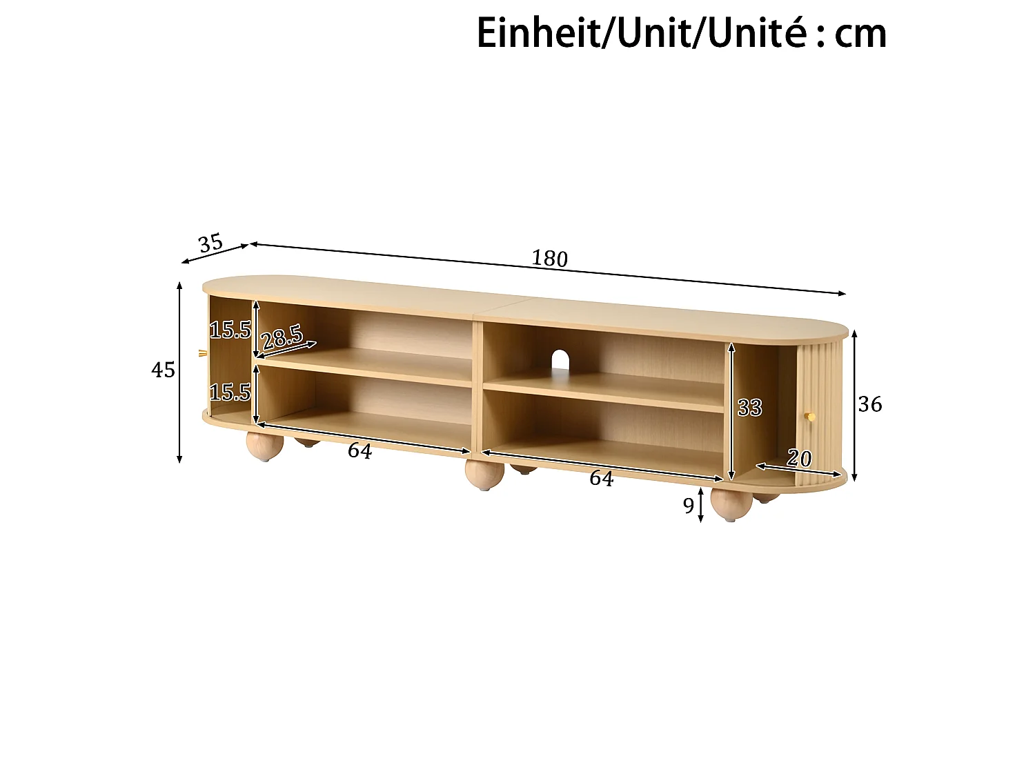 Meuble TV 180x35x45cm, 2 portes coulissantes à lattes verticales, pieds boules, style rétro, grand rangment, effet noyer, MDF