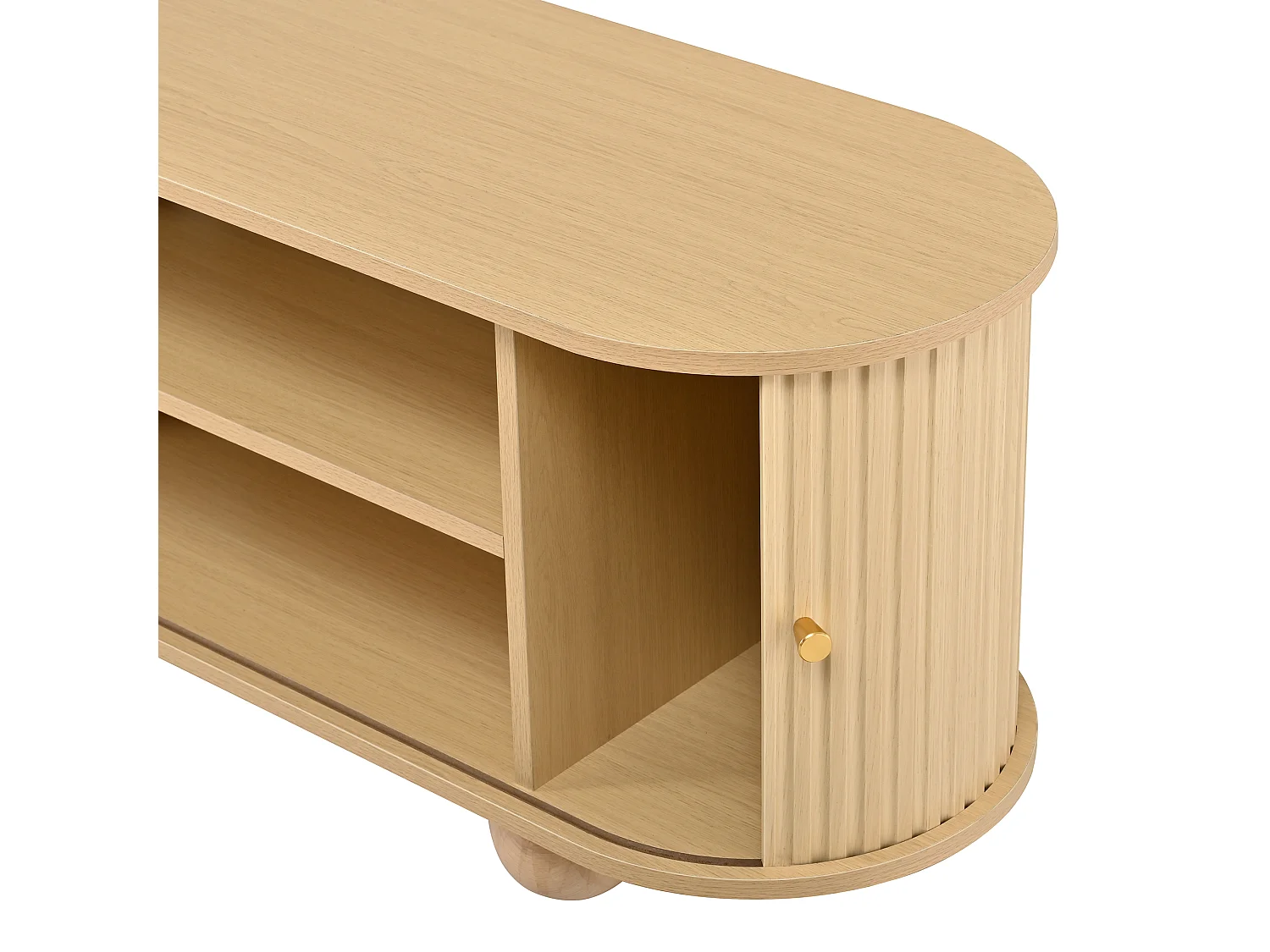 Meuble TV 180x35x45cm, 2 portes coulissantes à lattes verticales, pieds boules, style rétro, grand rangment, effet noyer, MDF
