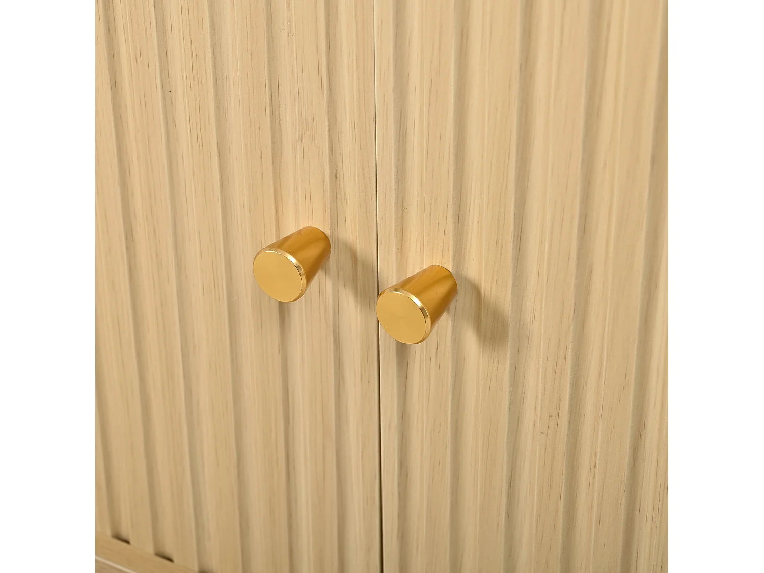 Meuble TV 180x35x45cm, 2 portes coulissantes à lattes verticales, pieds boules, style rétro, grand rangment, effet noyer, MDF