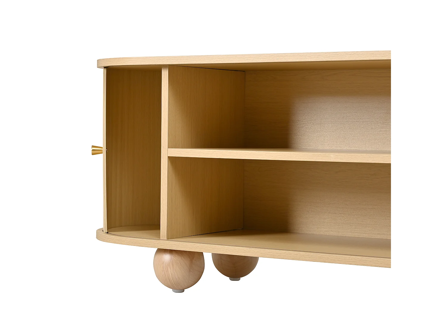 Meuble TV 180x35x45cm, 2 portes coulissantes à lattes verticales, pieds boules, style rétro, grand rangment, effet noyer, MDF