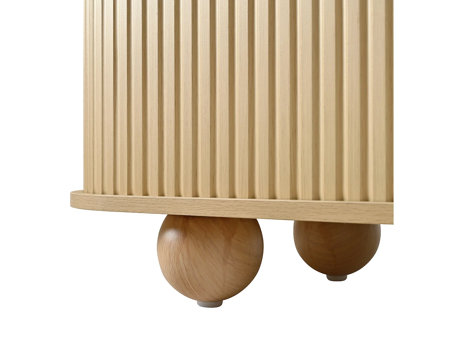 Meuble TV 180x35x45cm, 2 portes coulissantes à lattes verticales, pieds boules, style rétro, grand rangment, effet noyer, MDF