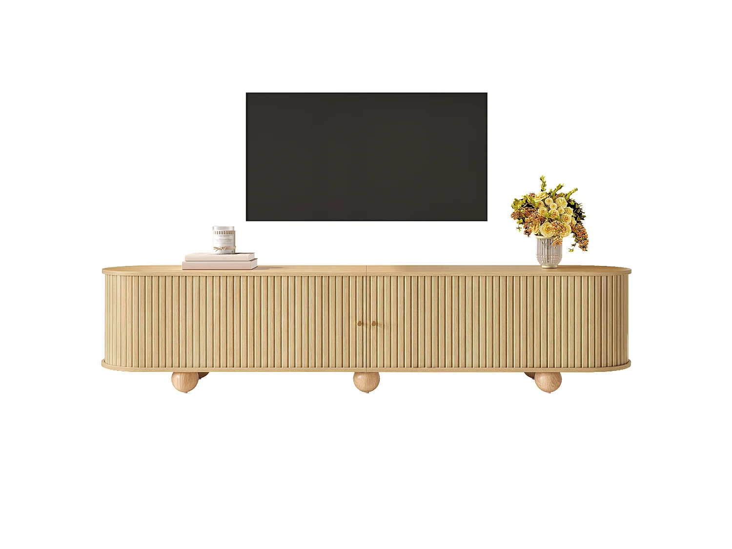 Meuble TV 180x35x45cm, 2 portes coulissantes à lattes verticales, pieds boules, style rétro, grand rangment, effet noyer, MDF