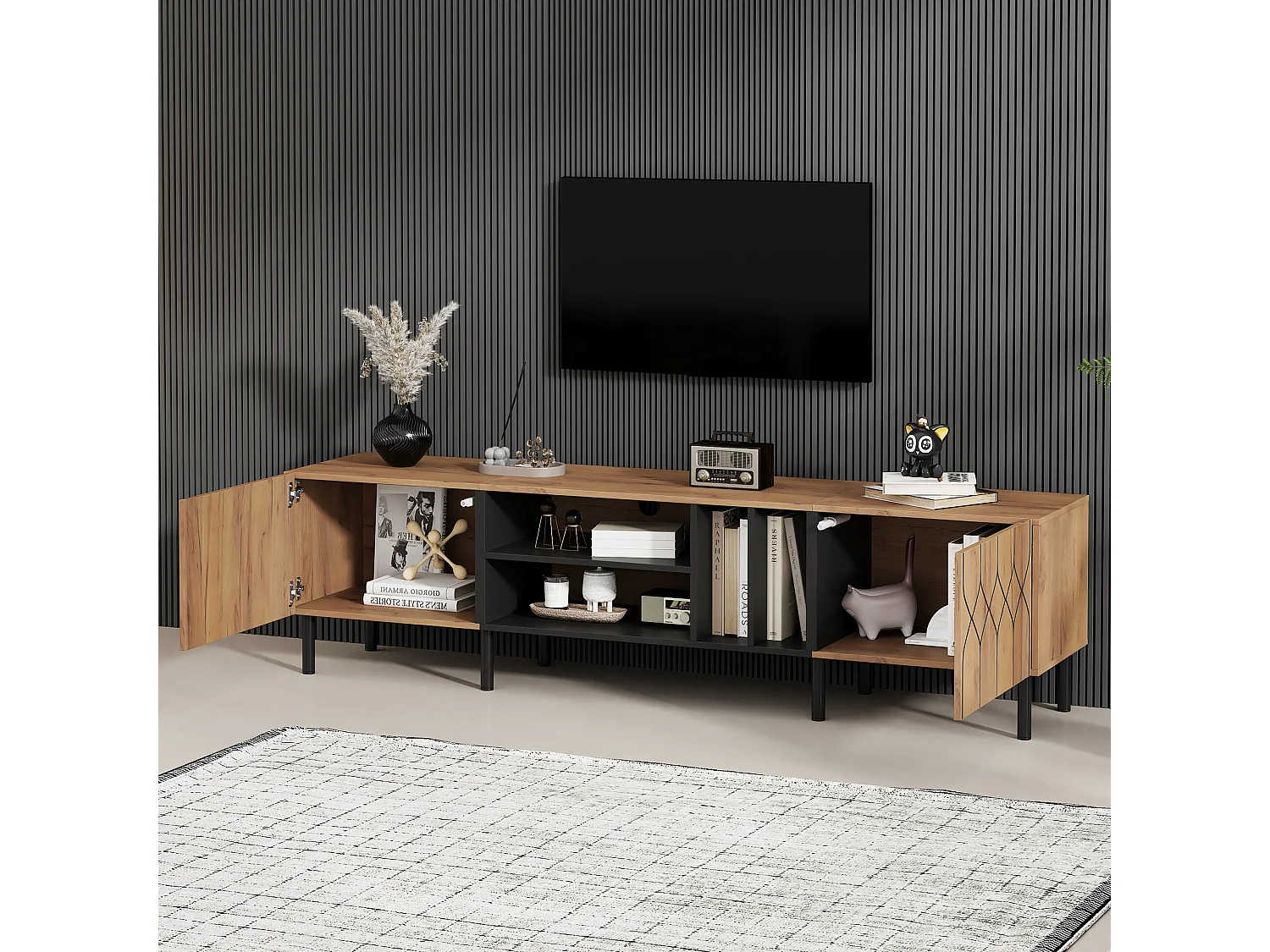 Meuble TV 180 x 40 x 50 cm - 2 portes Push-to-Open - 4 niches ouvertes - panneaux de particules et MDF - bois et noir