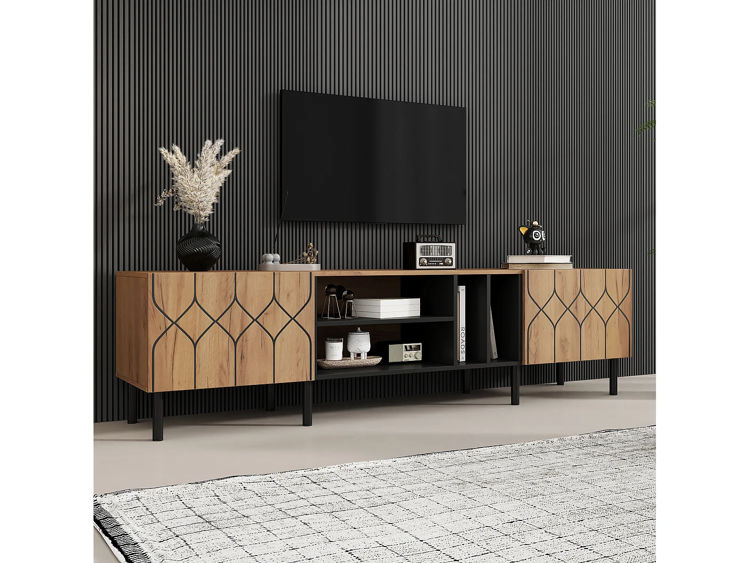 Meuble TV 180 x 40 x 50 cm - 2 portes Push-to-Open - 4 niches ouvertes - panneaux de particules et MDF - bois et noir