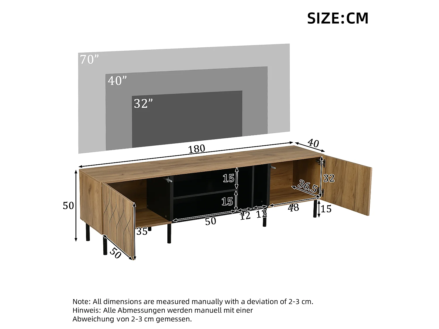Meuble TV 180 x 40 x 50 cm - 2 portes Push-to-Open - 4 niches ouvertes - panneaux de particules et MDF - bois et noir