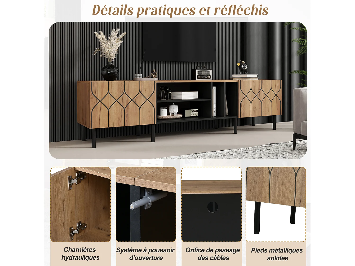 Meuble TV 180 x 40 x 50 cm - 2 portes Push-to-Open - 4 niches ouvertes - panneaux de particules et MDF - bois et noir