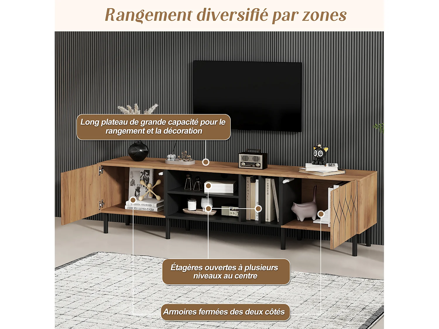 Meuble TV 180 x 40 x 50 cm - 2 portes Push-to-Open - 4 niches ouvertes - panneaux de particules et MDF - bois et noir