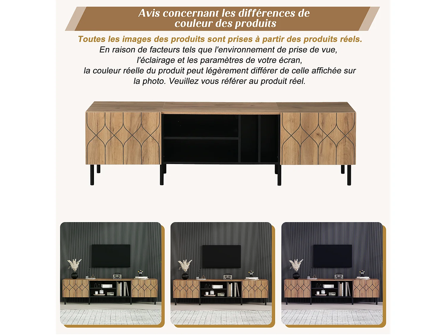 Meuble TV 180 x 40 x 50 cm - 2 portes Push-to-Open - 4 niches ouvertes - panneaux de particules et MDF - bois et noir