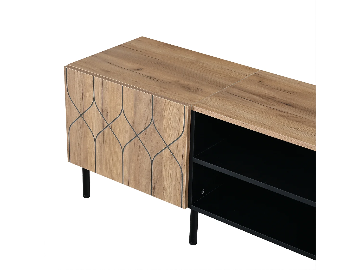 Meuble TV 180 x 40 x 50 cm - 2 portes Push-to-Open - 4 niches ouvertes - panneaux de particules et MDF - bois et noir