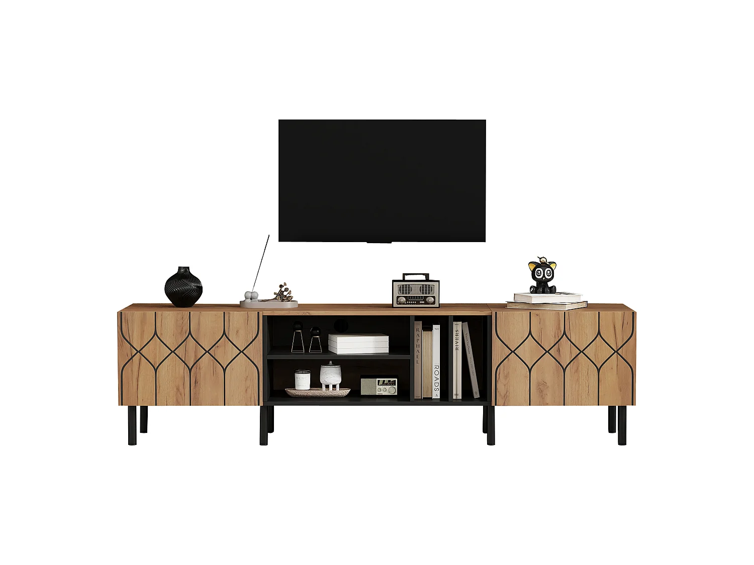 Meuble TV 180 x 40 x 50 cm - 2 portes Push-to-Open - 4 niches ouvertes - panneaux de particules et MDF - bois et noir