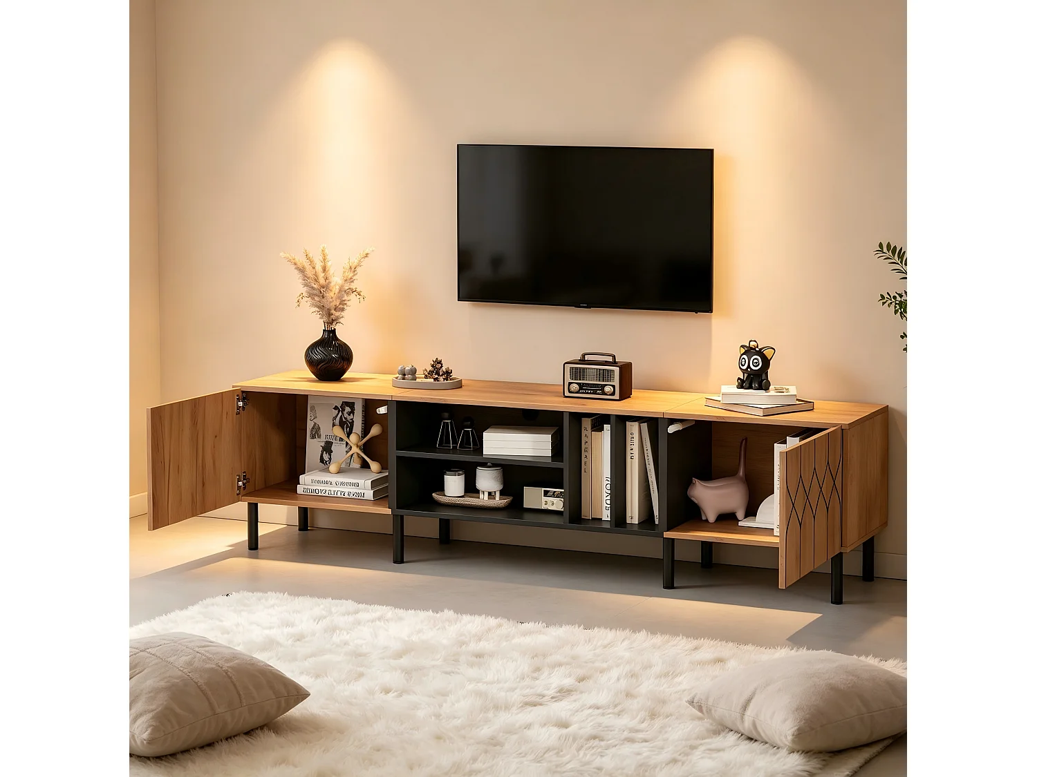 Meuble TV 180 x 40 x 50 cm - 2 portes Push-to-Open - 4 niches ouvertes - panneaux de particules et MDF - bois et noir