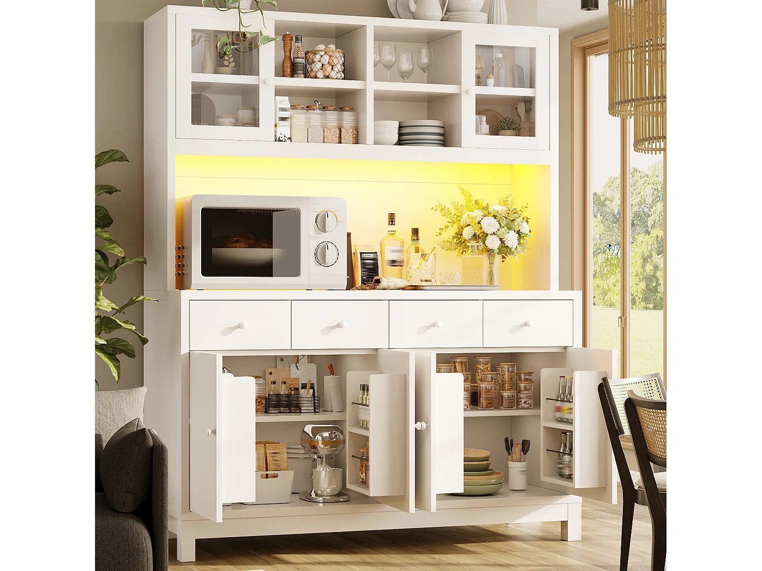 Meuble de cuisine haut LED 130x45x180 cm, buffet armoire avec portes vitrées, rangement, MDF, blanc