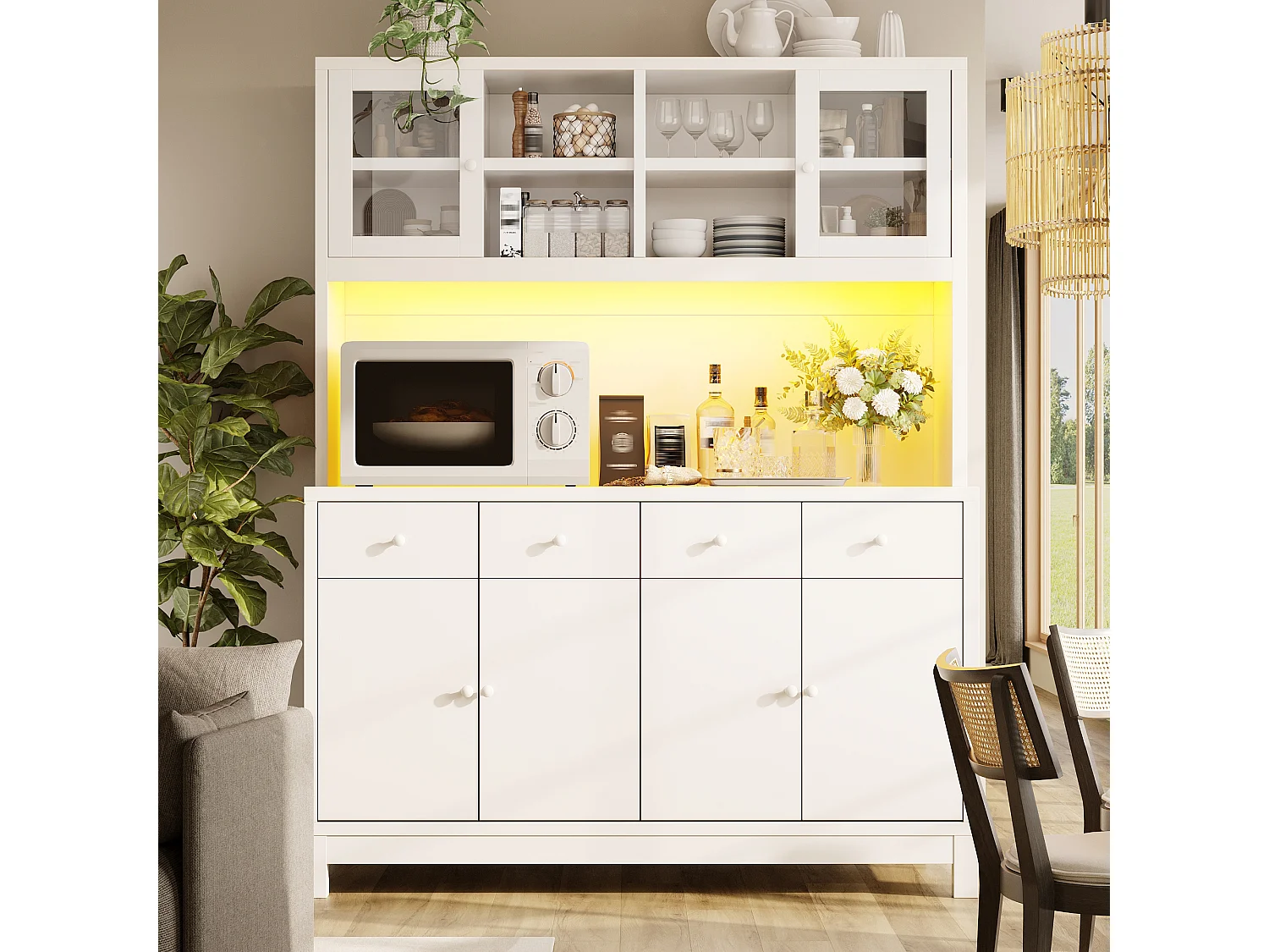 Meuble de cuisine haut LED 130x45x180 cm, buffet armoire avec portes vitrées, rangement, MDF, blanc