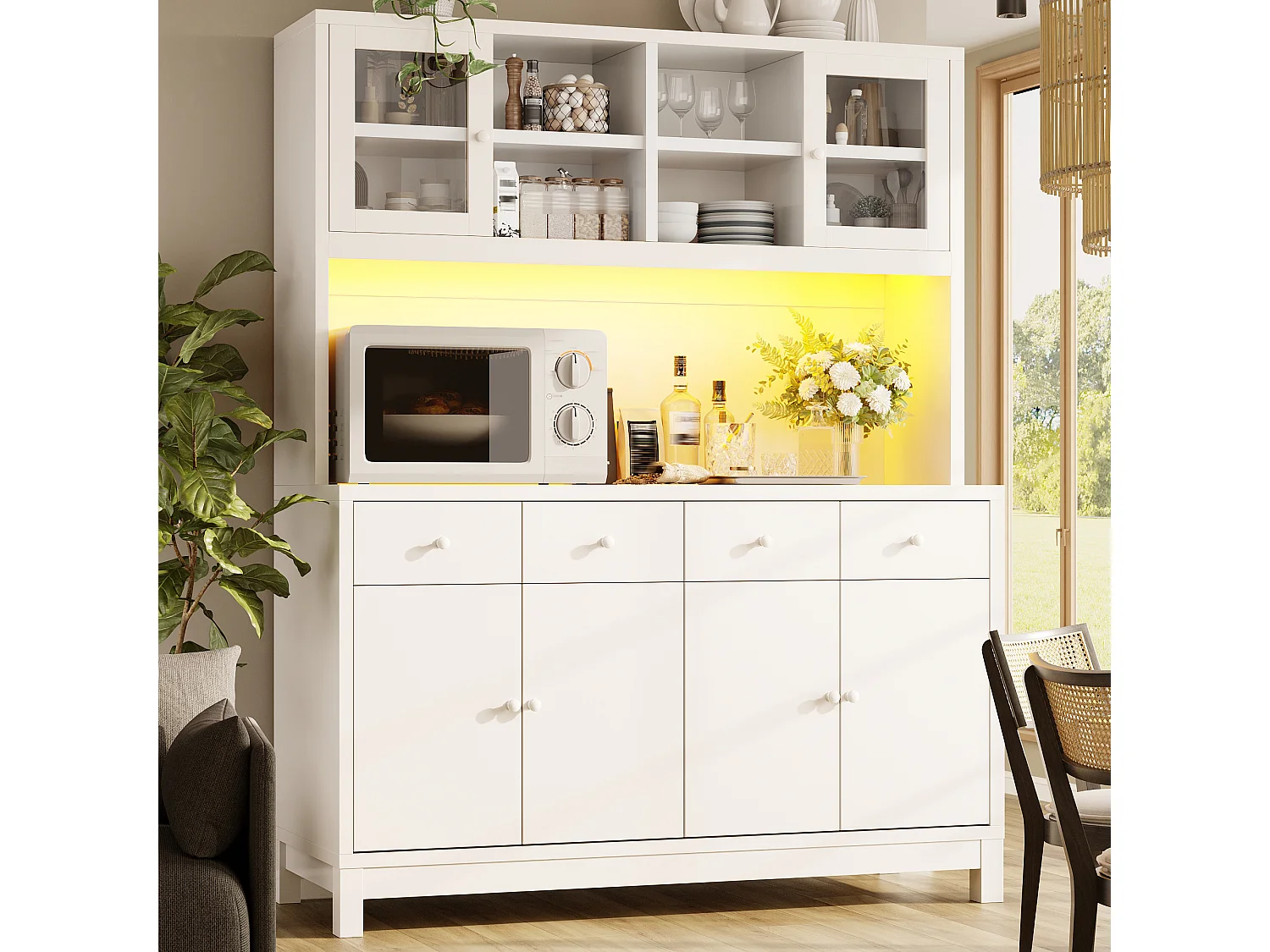 Meuble de cuisine haut LED 130x45x180 cm, buffet armoire avec portes vitrées, rangement, MDF, blanc
