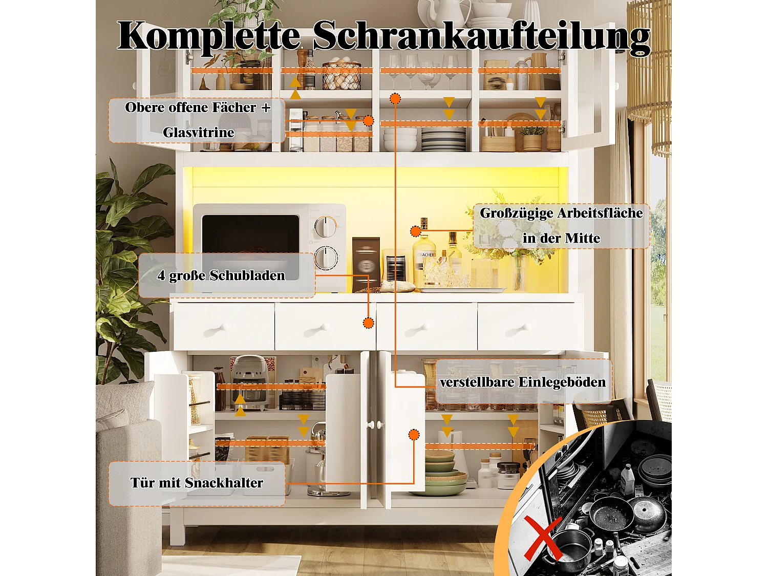 Meuble de cuisine haut LED 130x45x180 cm, buffet armoire avec portes vitrées, rangement, MDF, blanc