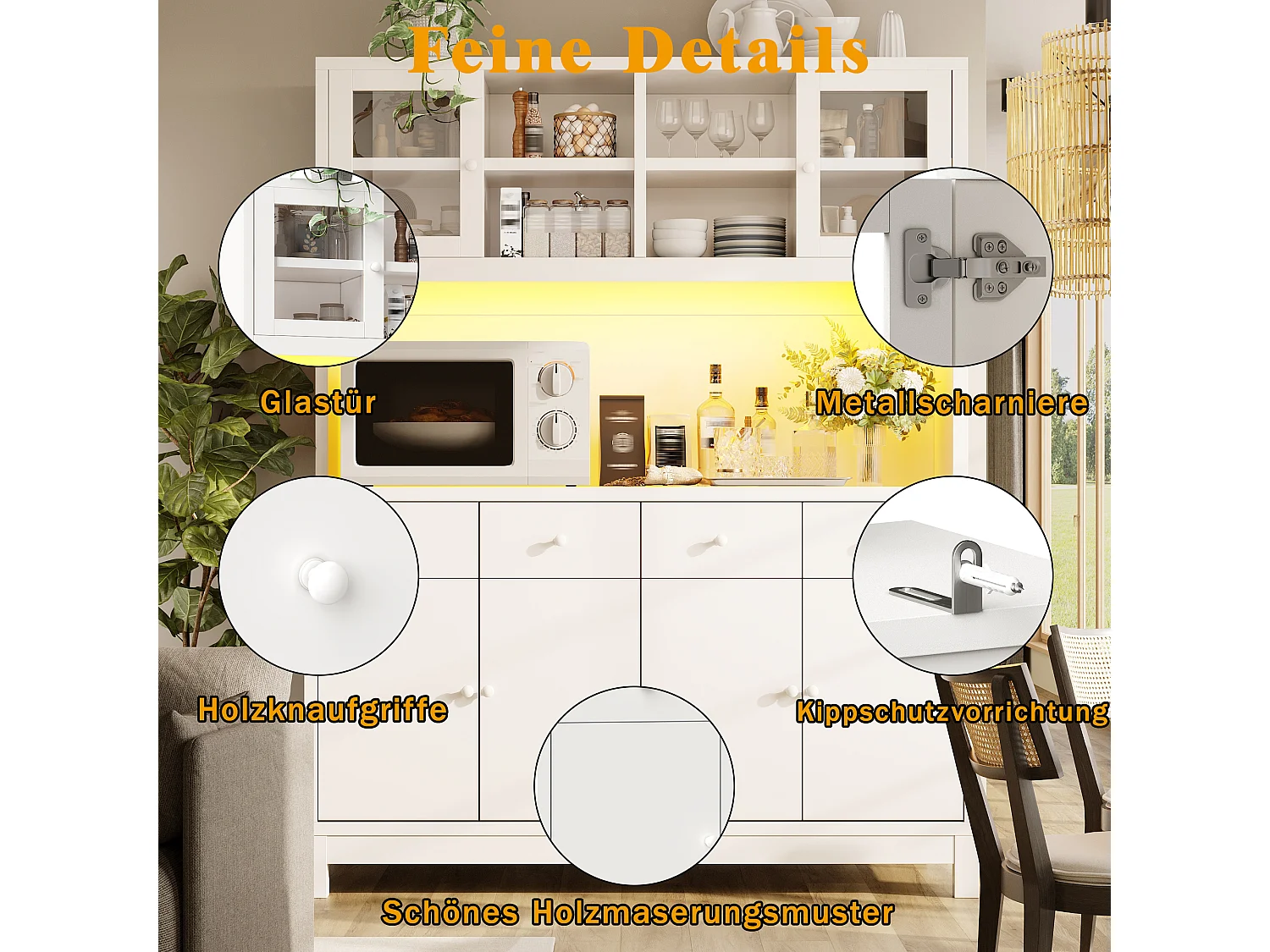 Meuble de cuisine haut LED 130x45x180 cm, buffet armoire avec portes vitrées, rangement, MDF, blanc