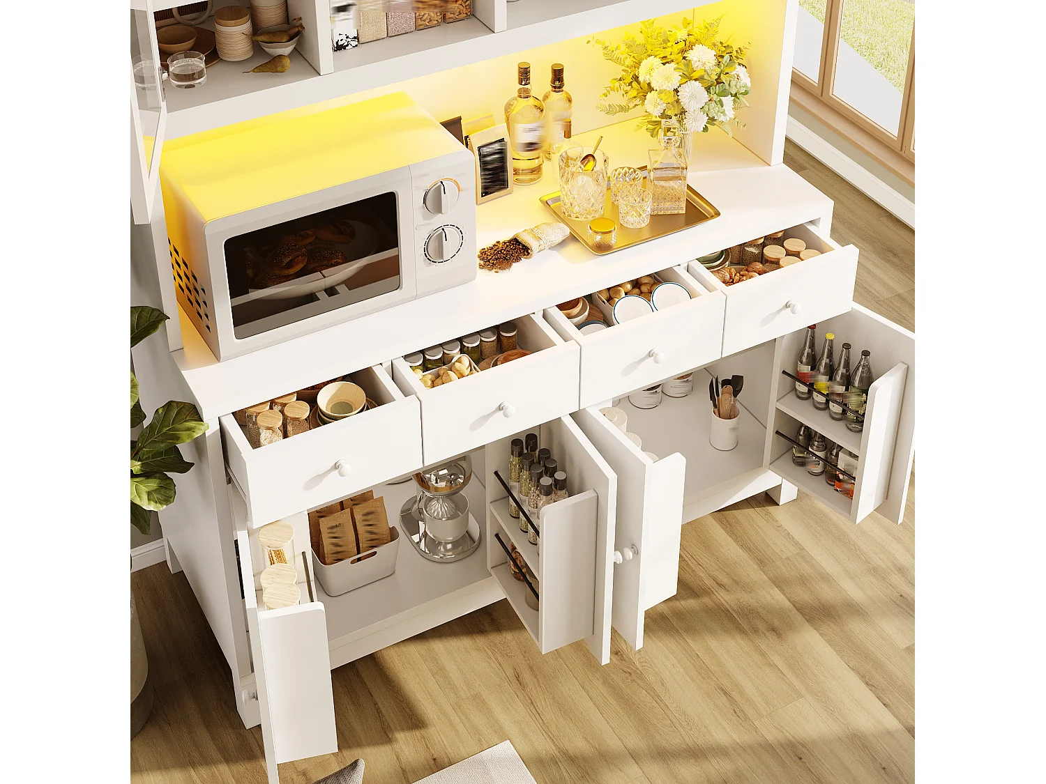 Meuble de cuisine haut LED 130x45x180 cm, buffet armoire avec portes vitrées, rangement, MDF, blanc
