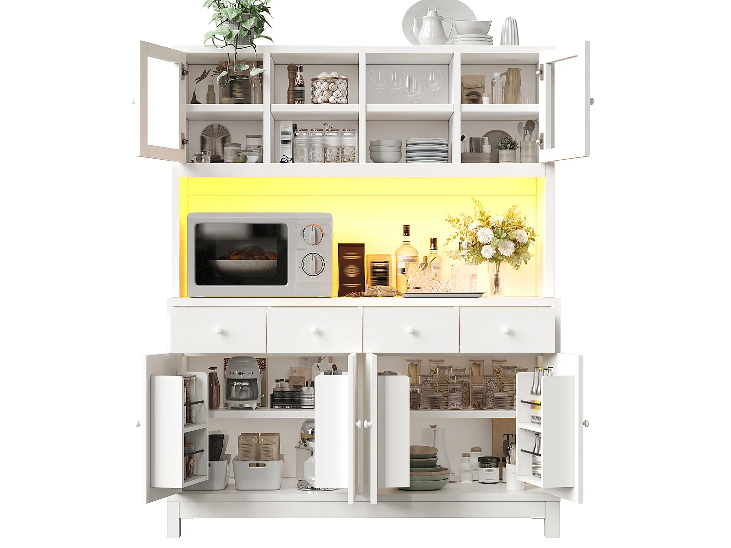 Meuble de cuisine haut LED 130x45x180 cm, buffet armoire avec portes vitrées, rangement, MDF, blanc