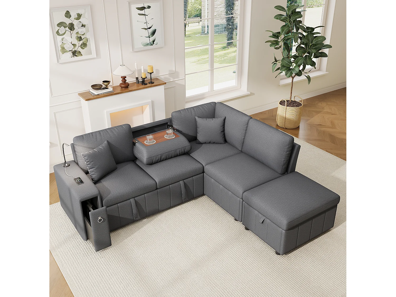 Canapé d’angle 5 places convertible en L, 213 x 184 x 88 cm, canapé-lit, pouf coffre, table pliante, USB-C, liseuse, 2 coussins, lin, gris