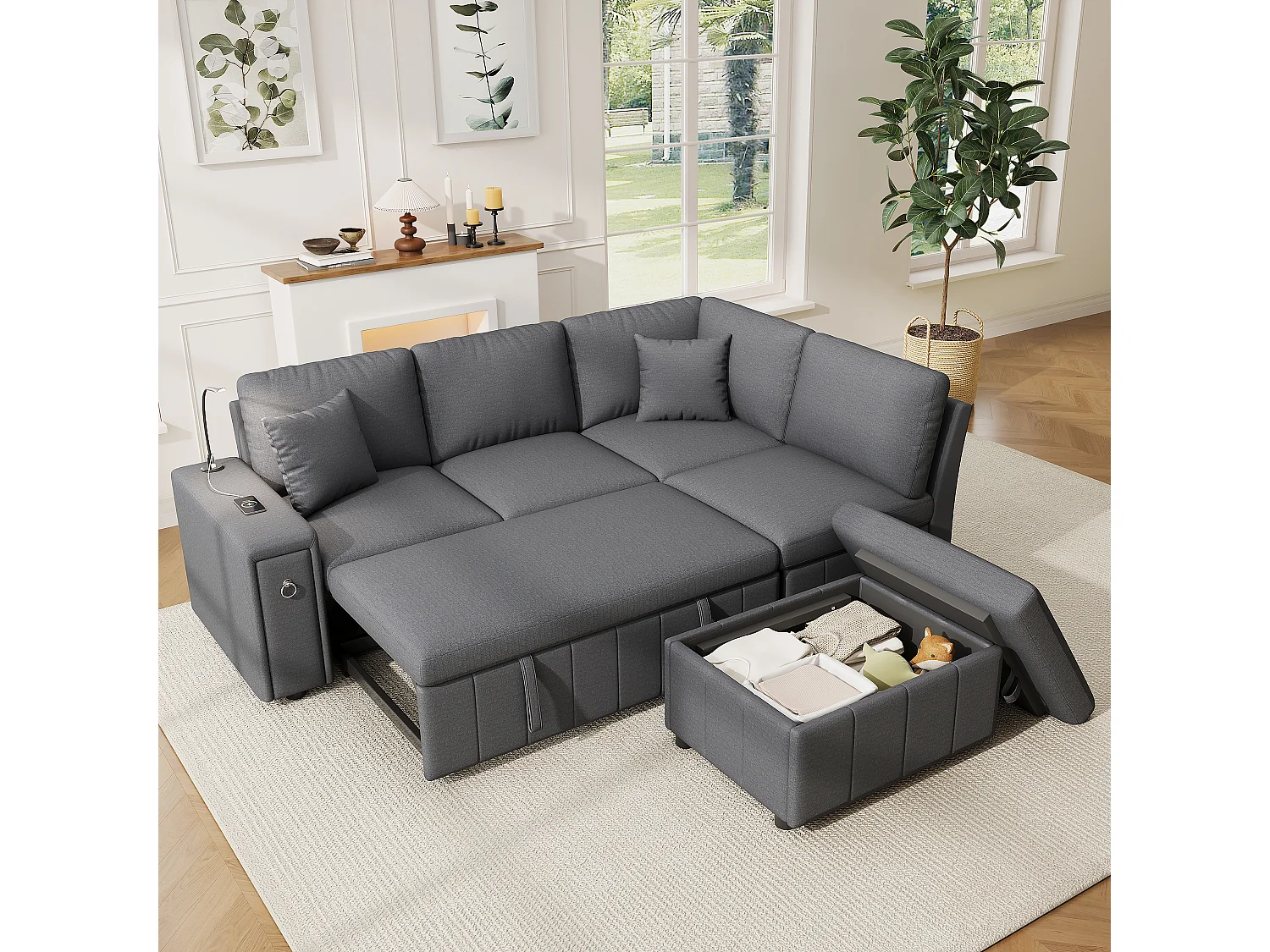 Canapé d’angle 5 places convertible en L, 213 x 184 x 88 cm, canapé-lit, pouf coffre, table pliante, USB-C, liseuse, 2 coussins, lin, gris