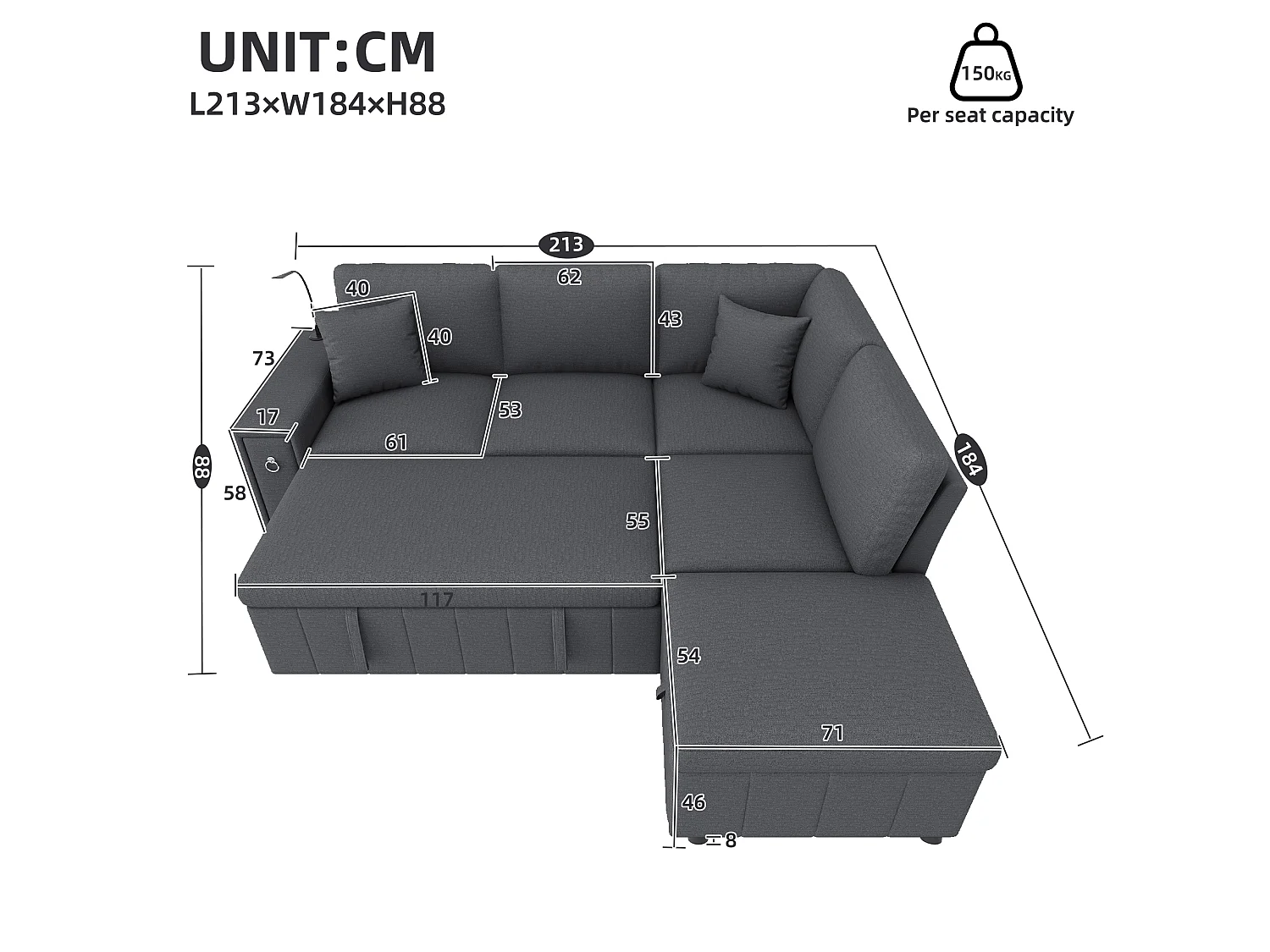 Canapé d’angle 5 places convertible en L, 213 x 184 x 88 cm, canapé-lit, pouf coffre, table pliante, USB-C, liseuse, 2 coussins, lin, gris