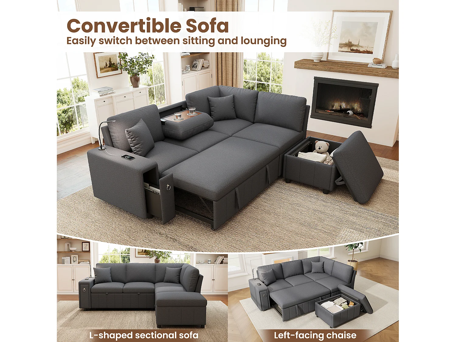 Canapé d’angle 5 places convertible en L, 213 x 184 x 88 cm, canapé-lit, pouf coffre, table pliante, USB-C, liseuse, 2 coussins, lin, gris