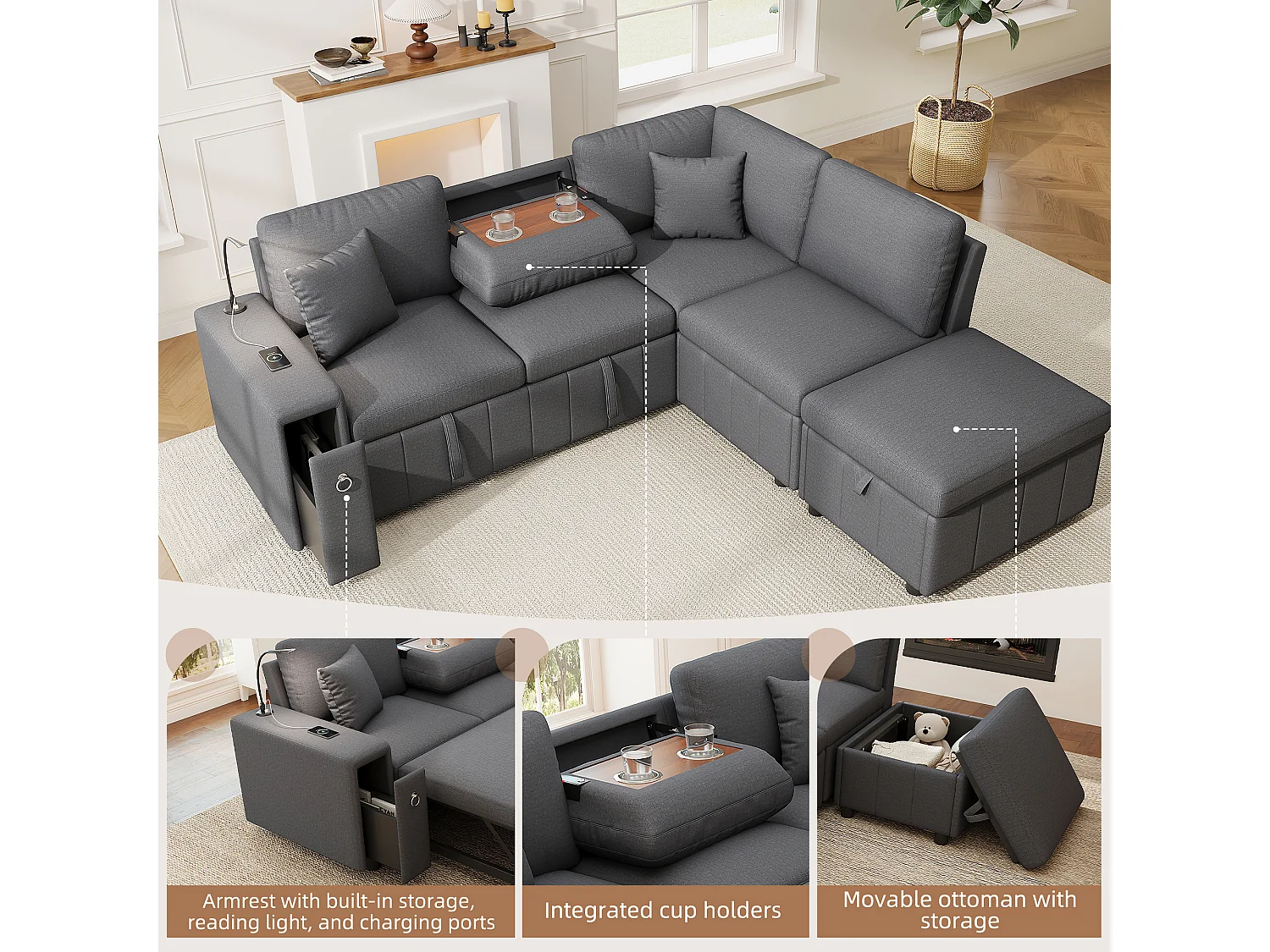 Canapé d’angle 5 places convertible en L, 213 x 184 x 88 cm, canapé-lit, pouf coffre, table pliante, USB-C, liseuse, 2 coussins, lin, gris