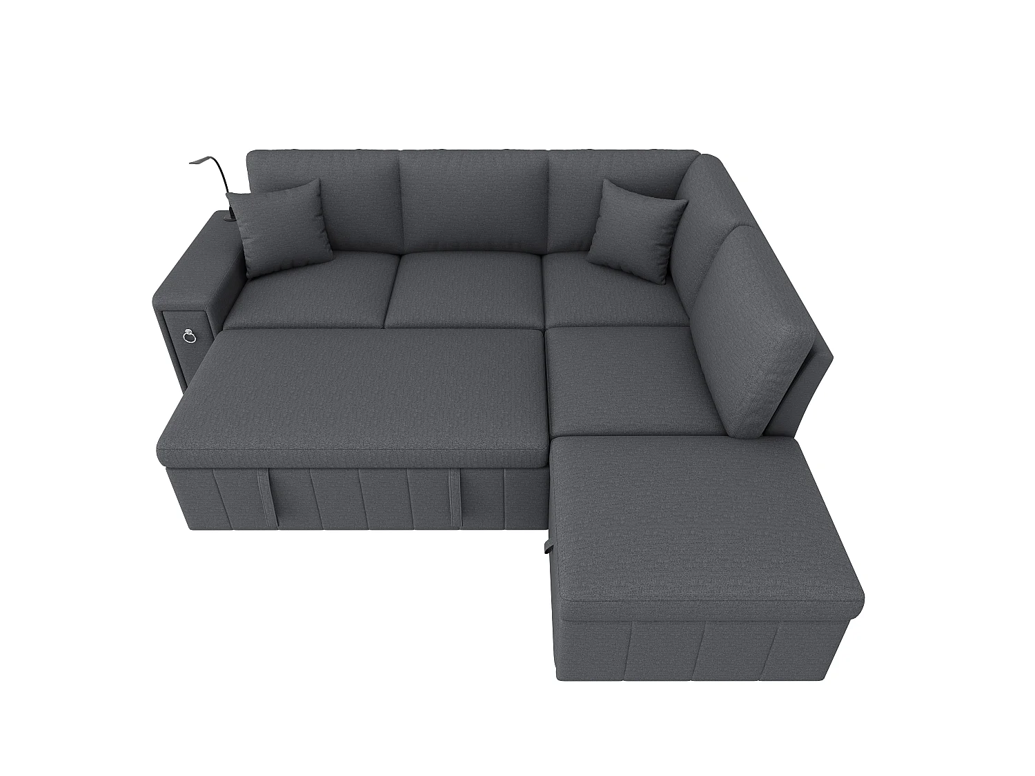 Canapé d’angle 5 places convertible en L, 213 x 184 x 88 cm, canapé-lit, pouf coffre, table pliante, USB-C, liseuse, 2 coussins, lin, gris
