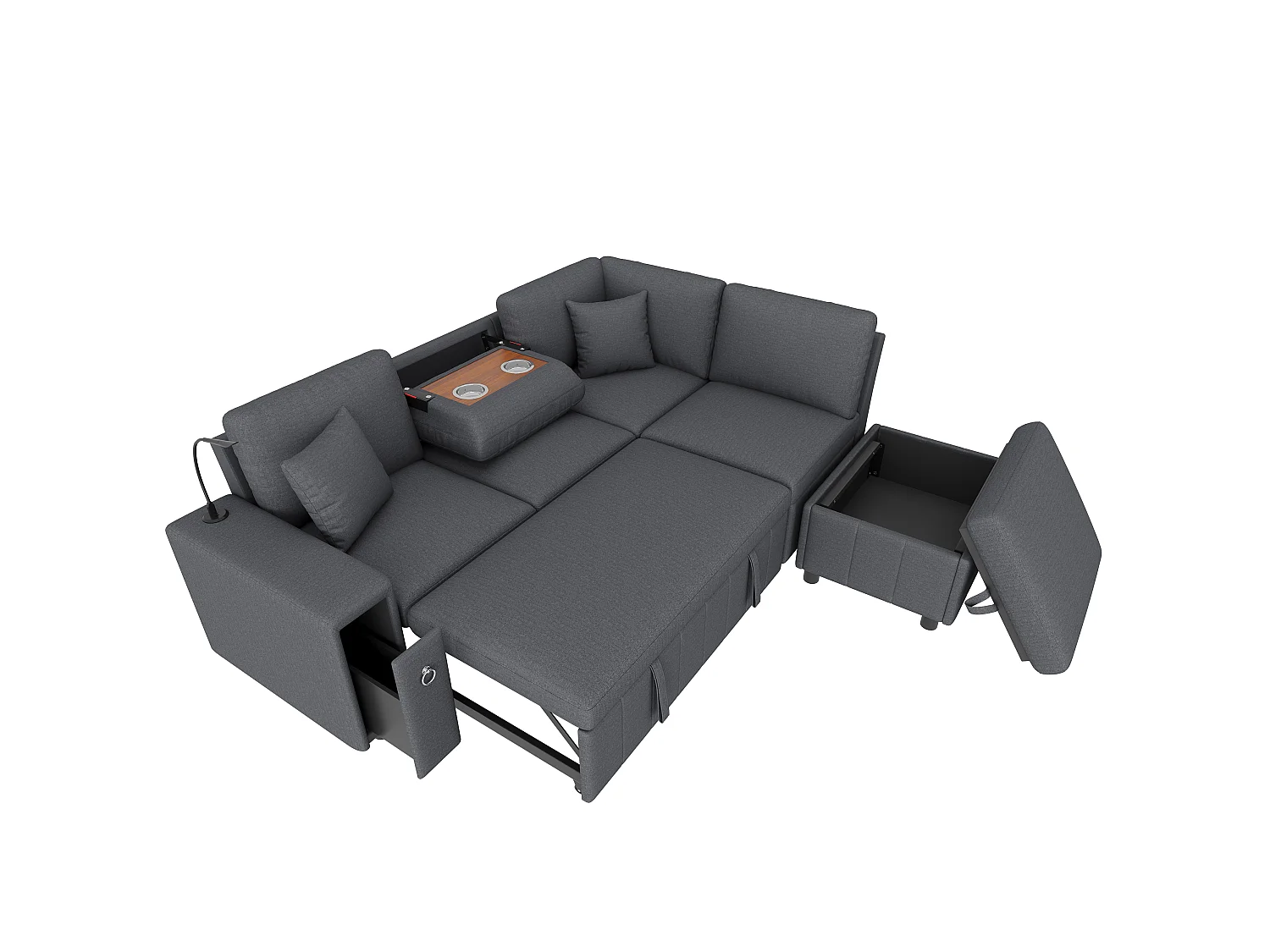 Canapé d’angle 5 places convertible en L, 213 x 184 x 88 cm, canapé-lit, pouf coffre, table pliante, USB-C, liseuse, 2 coussins, lin, gris