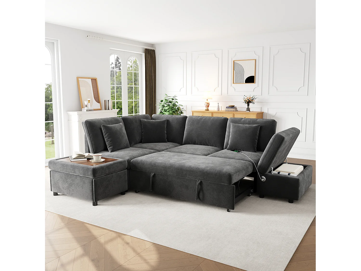 Canapé d’angle convertible 6 places 247.5x172x87 cm,méridienne réversible, USB-C,chenille, gris
