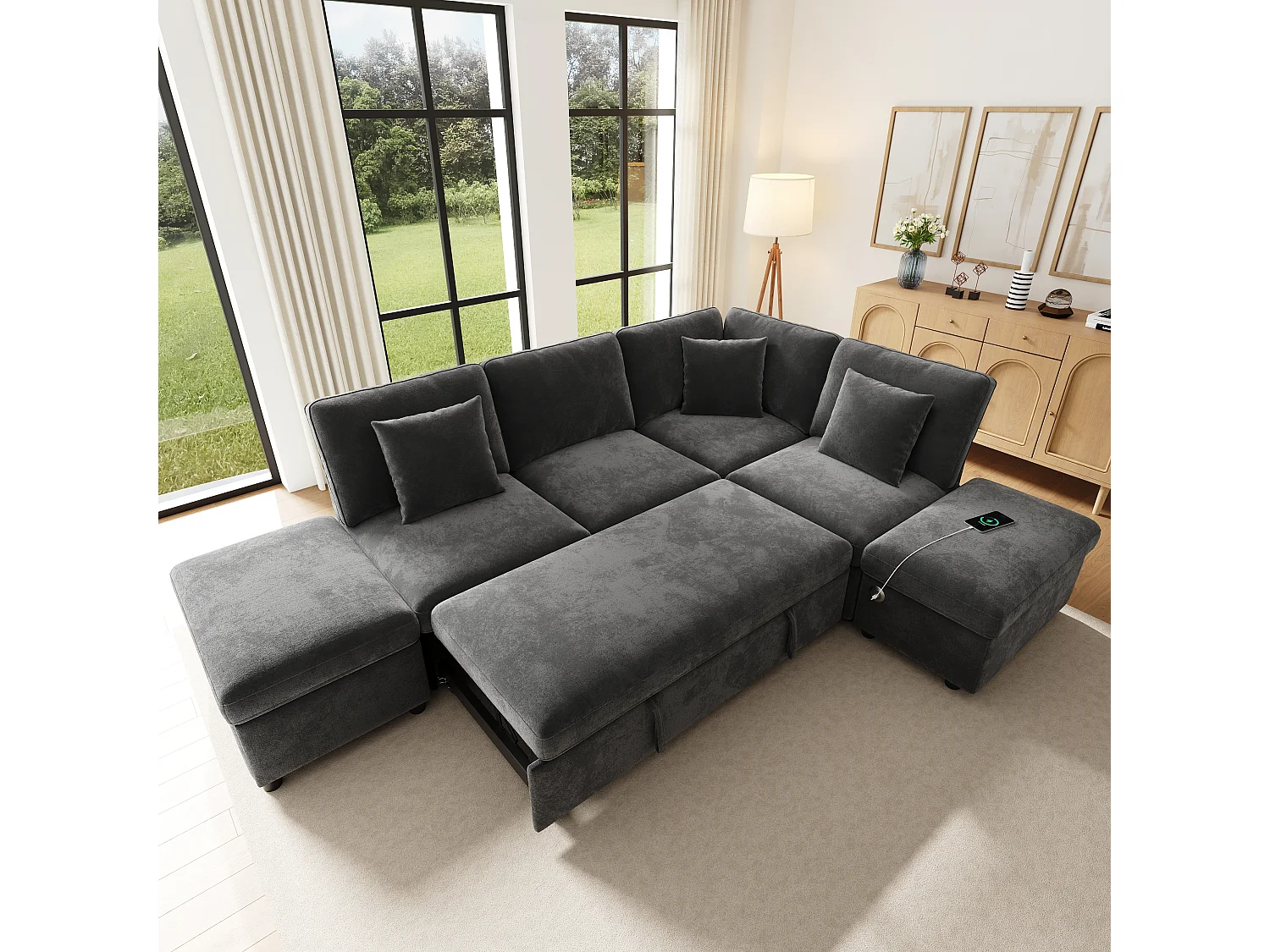 Canapé d’angle convertible 6 places 247.5x172x87 cm,méridienne réversible, USB-C,chenille, gris