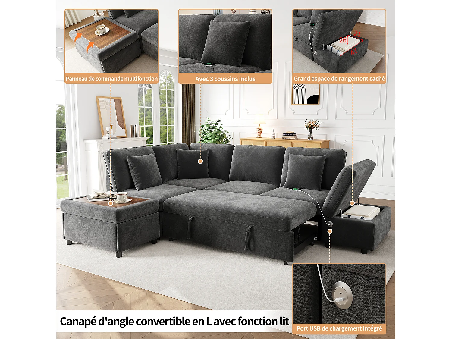 Canapé d’angle convertible 6 places 247.5x172x87 cm,méridienne réversible, USB-C,chenille, gris