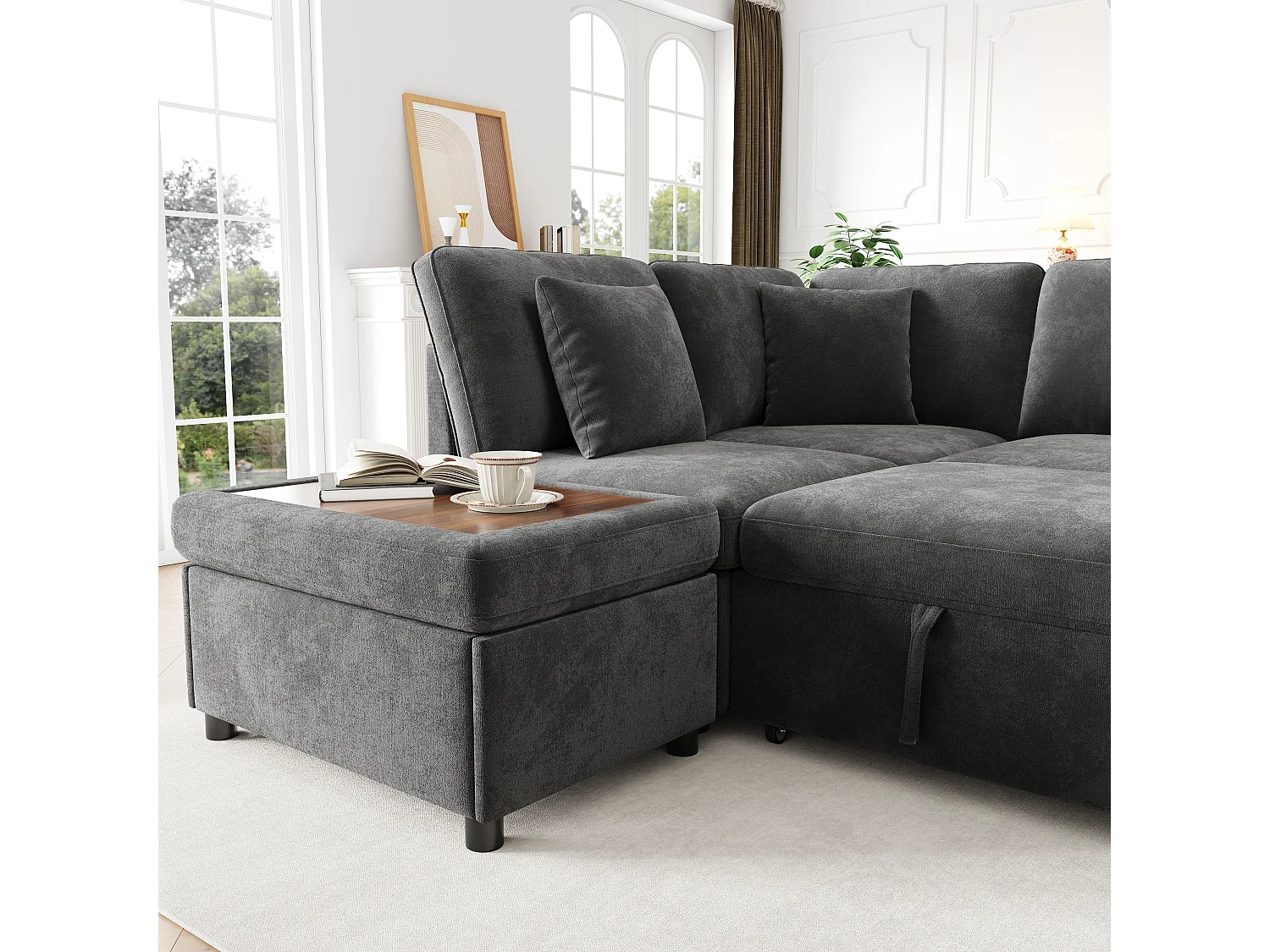 Canapé d’angle convertible 6 places 247.5x172x87 cm,méridienne réversible, USB-C,chenille, gris