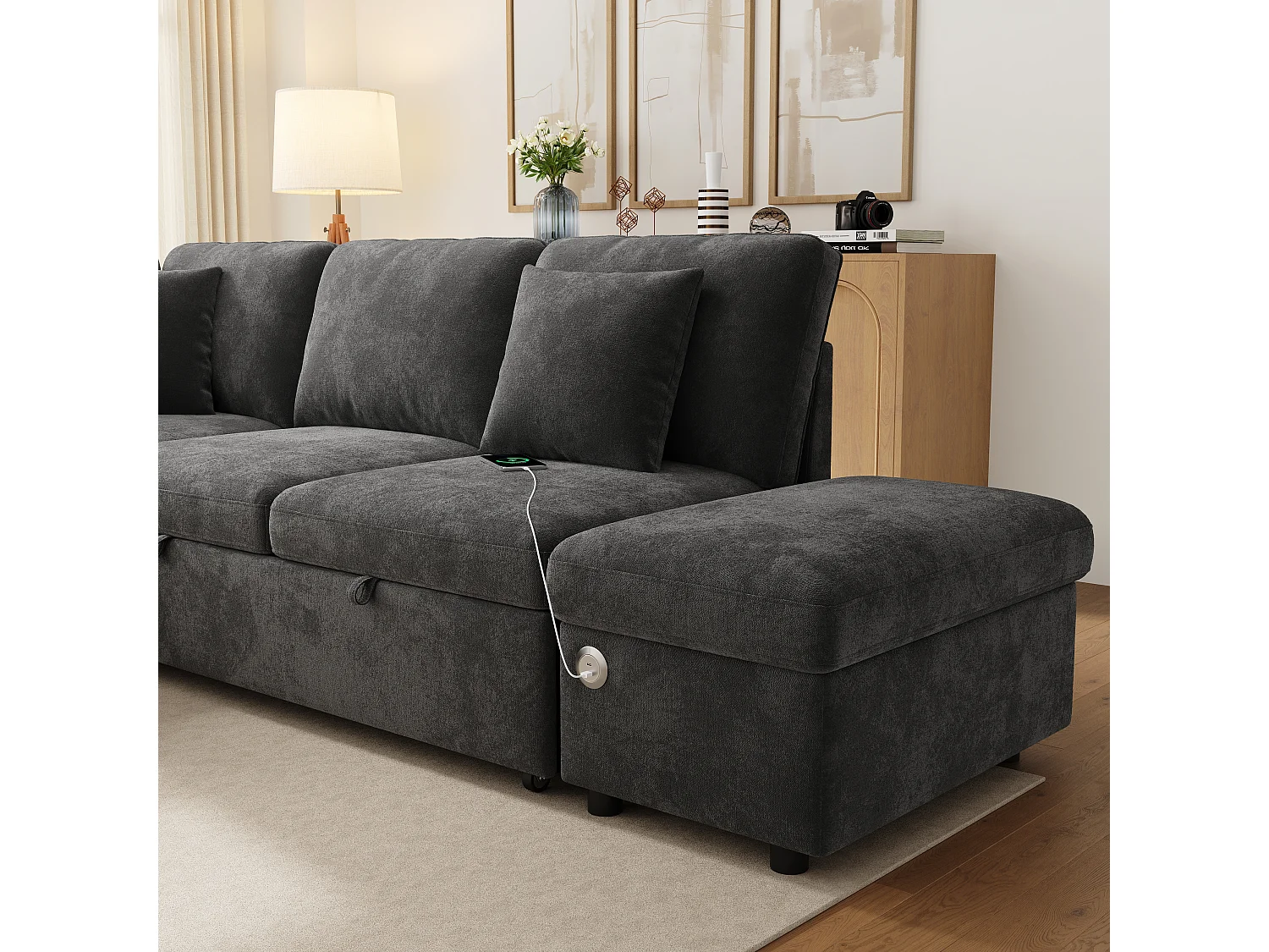 Canapé d’angle convertible 6 places 247.5x172x87 cm,méridienne réversible, USB-C,chenille, gris