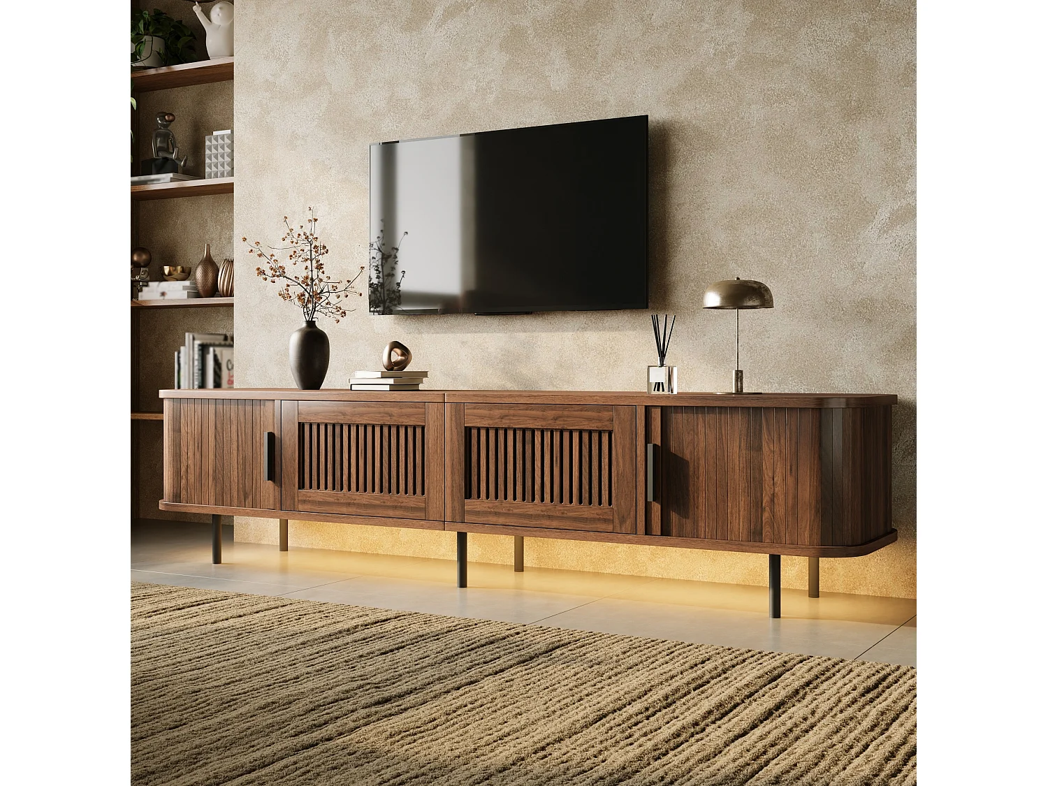 Meuble TV 180x40x44,5 cm, 2 tiroirs centraux, 2 portes coulissantes, LED contrôlable par application, passe-câbles, MDF et panneaux de particules, noyer